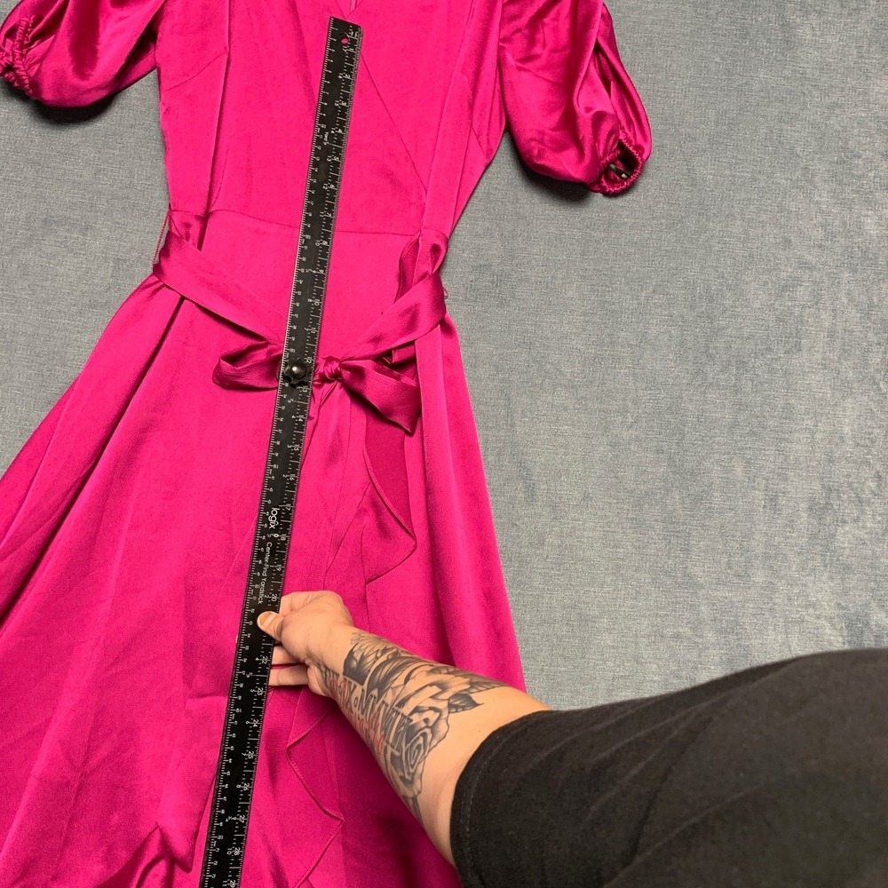 Kensie Faux Wrap Dress Womens 6 Hot Pink Ruched Sleeves Ruffled Hem Tie waist - Picture 7 of 14